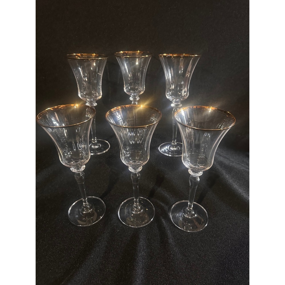 Mikasa Jamestown Gold Trim Water Goblets 6 Crystal 9 1/8" Gold Rimmed Glasses